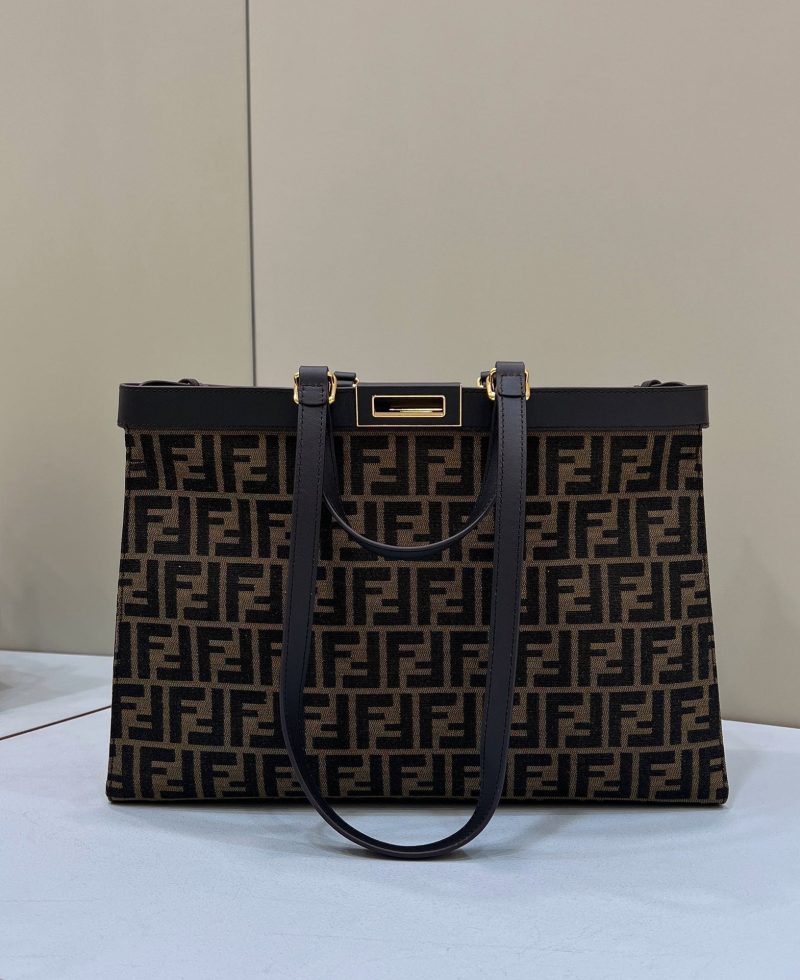 FendiI TOTE 41 BAG IN BROWN MIX BLACK MONOGRAM CANVAS GOLD HARDWARE