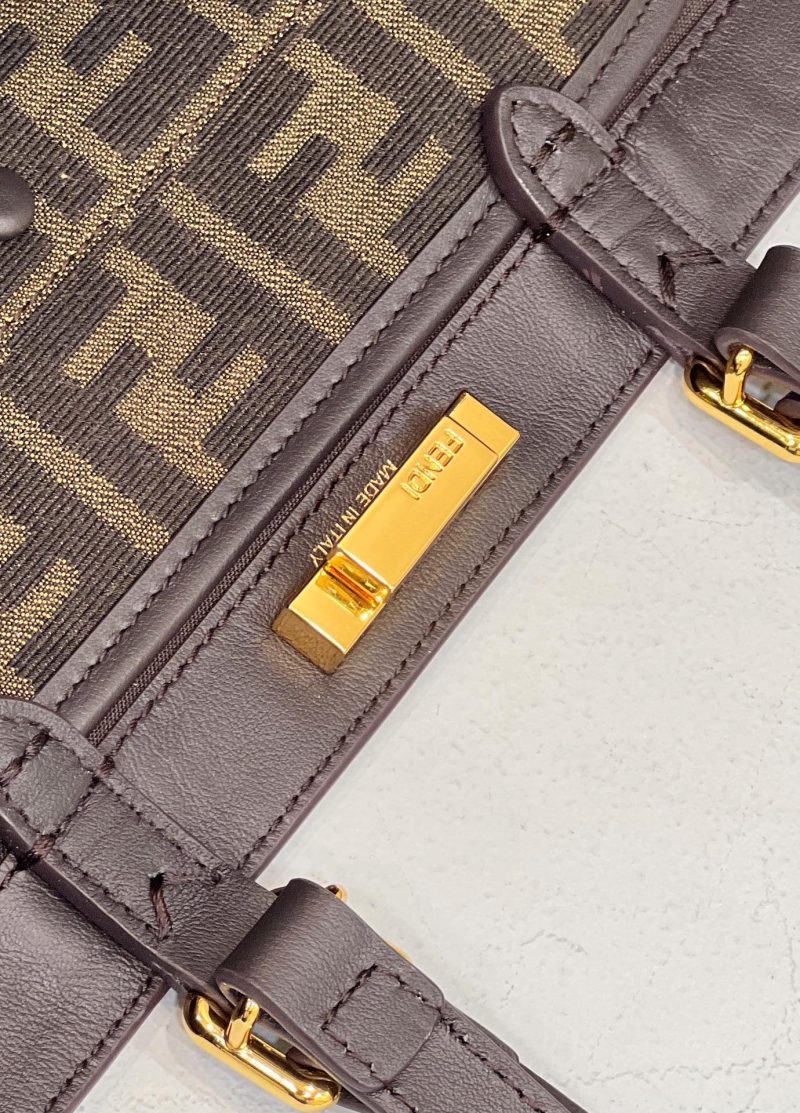 FendiI TOTE 41 BAG IN BROWN MIX BLACK MONOGRAM CANVAS GOLD HARDWARE