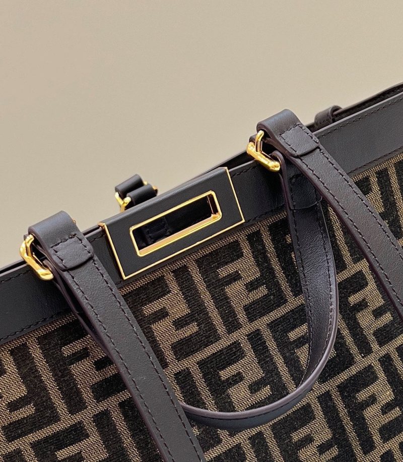 FendiI TOTE 41 BAG IN BROWN MIX BLACK MONOGRAM CANVAS GOLD HARDWARE