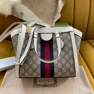 GG OPHIDIA 24 TOTE IN BEIGE CANVAS AND WHITE CALFSKIN