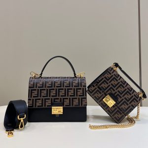 FendiI KANI 26 BAG IN BLACK MIX CHOCOLATE BROWN FFF CALFSKIN WITH GOLD HARDWARE