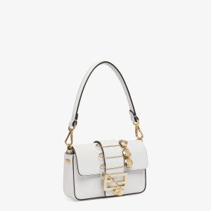 FendiI FendiACE BROOCH MINI 20 BAGUETTE BAG IN WHITE CALFSKIN