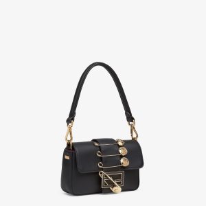 FendiI FendiACE BROOCH MINI 20 BAGUETTE BAG IN BLACK CALFSKIN