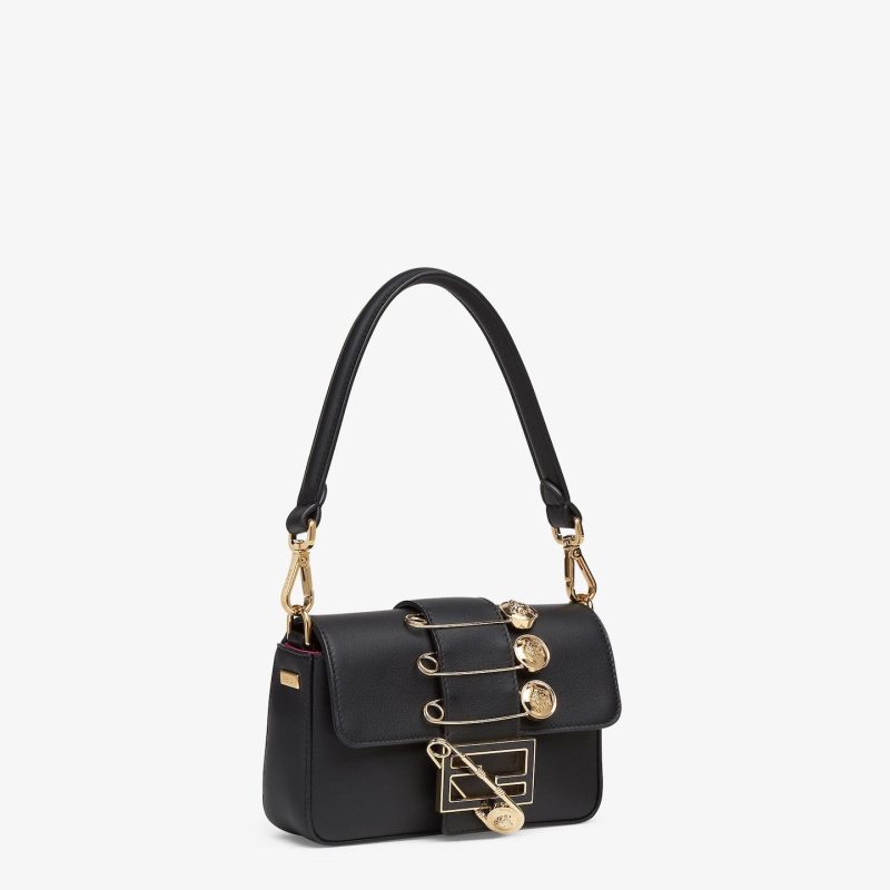 FendiI FendiACE BROOCH MINI 20 BAGUETTE BAG IN BLACK CALFSKIN