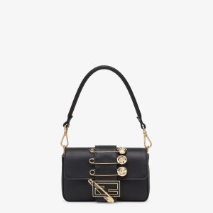 FendiI FendiACE BROOCH MINI 20 BAGUETTE BAG IN BLACK CALFSKIN