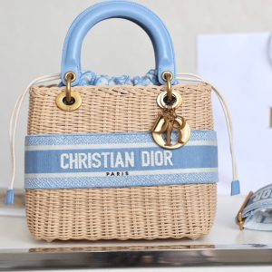 LADY 24 BASKET BAG IN BLUE OBLIQUE JACQUARD MIX BEIGE WICKER