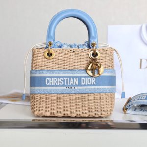 LADY 24 BASKET BAG IN BLUE OBLIQUE JACQUARD MIX BEIGE WICKER