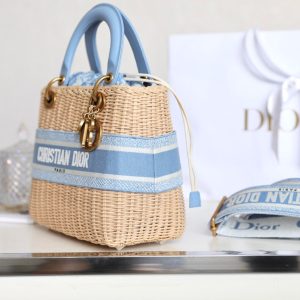LADY 24 BASKET BAG IN BLUE OBLIQUE JACQUARD MIX BEIGE WICKER