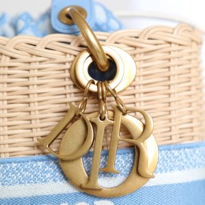 LADY 24 BASKET BAG IN BLUE OBLIQUE JACQUARD MIX BEIGE WICKER