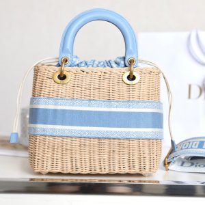 LADY 24 BASKET BAG IN BLUE OBLIQUE JACQUARD MIX BEIGE WICKER