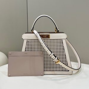 PEEKABOO ISEEU 34 IN WHITE PERFORATED CALFSKIN GOLD HARDWARE