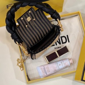 FendiI NANO BAGUETTE 11 BAG IN BEIGE MIX BLACK RAFFIA WITH STRAP GOLD HARDWARE