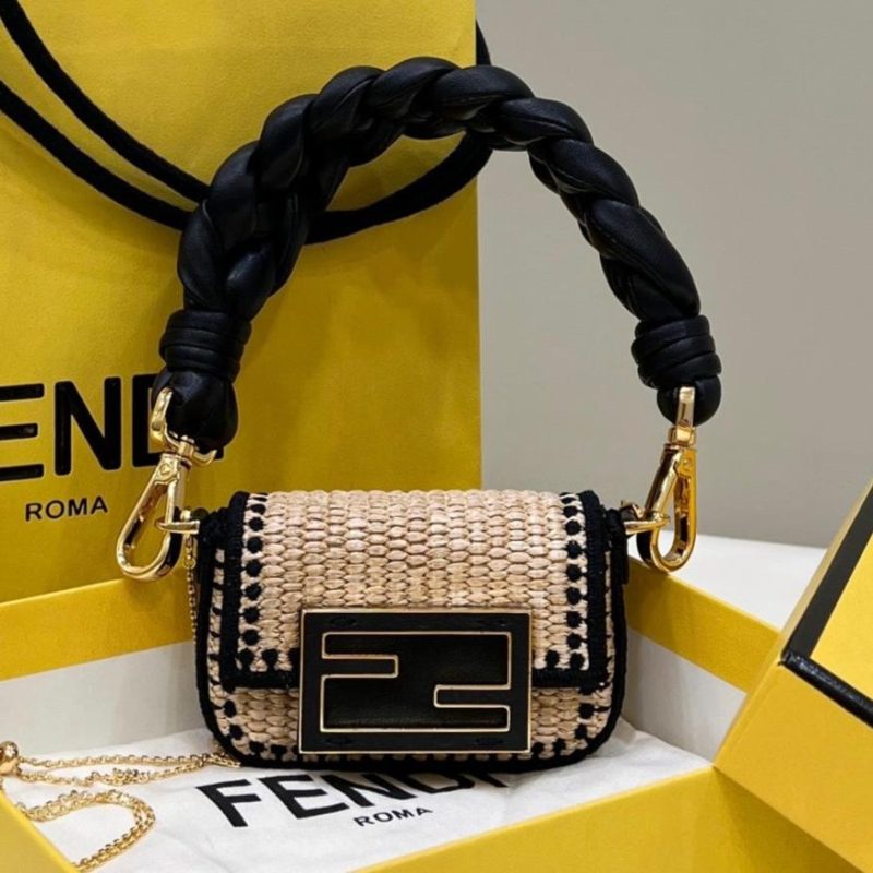 FendiI NANO BAGUETTE 11 BAG IN BEIGE MIX BLACK RAFFIA WITH STRAP GOLD HARDWARE