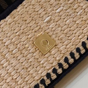 FendiI NANO BAGUETTE 11 BAG IN BEIGE MIX BLACK RAFFIA WITH STRAP GOLD HARDWARE