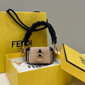 FendiI NANO BAGUETTE 11 BAG IN BEIGE MIX BLACK RAFFIA WITH STRAP GOLD HARDWARE