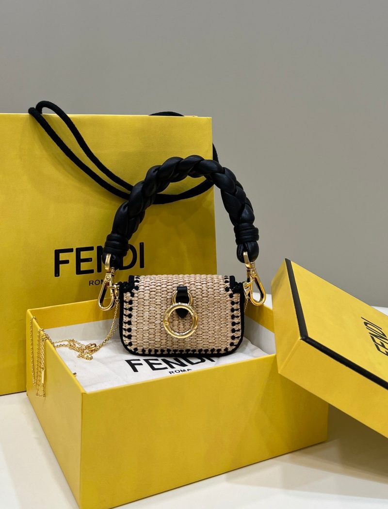 FendiI NANO BAGUETTE 11 BAG IN BEIGE MIX BLACK RAFFIA WITH STRAP GOLD HARDWARE