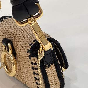 FendiI NANO BAGUETTE 11 BAG IN BEIGE MIX BLACK RAFFIA WITH STRAP GOLD HARDWARE