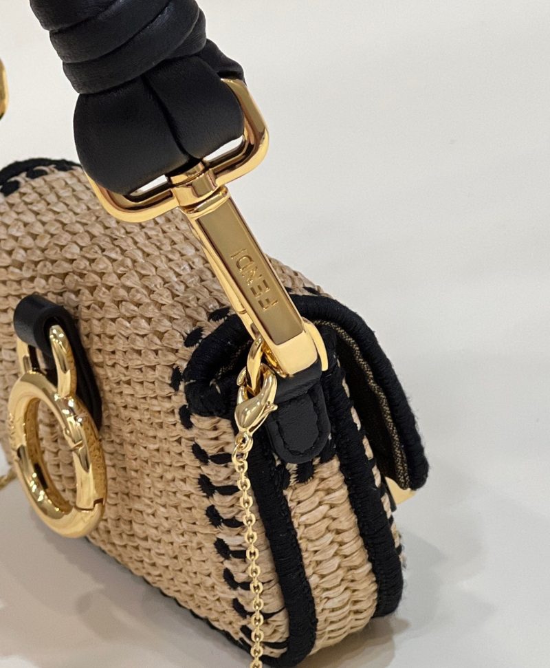 FendiI NANO BAGUETTE 11 BAG IN BEIGE MIX BLACK RAFFIA WITH STRAP GOLD HARDWARE