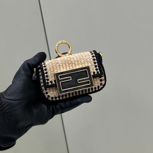FendiI NANO BAGUETTE 11 BAG IN BEIGE MIX BLACK RAFFIA WITH STRAP GOLD HARDWARE