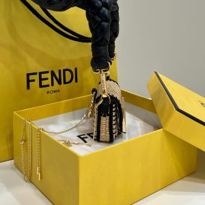 FendiI NANO BAGUETTE 11 BAG IN BEIGE MIX BLACK RAFFIA WITH STRAP GOLD HARDWARE