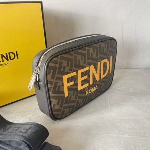 FendiI ROMA 22 CLUTCH BAG IN CHOCOLATE BROWN FF CALFSKIN SILVER HARDWARE WITH GOLDEN LOGO