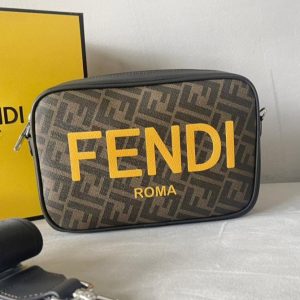 FendiI ROMA 22 CLUTCH BAG IN CHOCOLATE BROWN FF CALFSKIN SILVER HARDWARE WITH GOLDEN LOGO