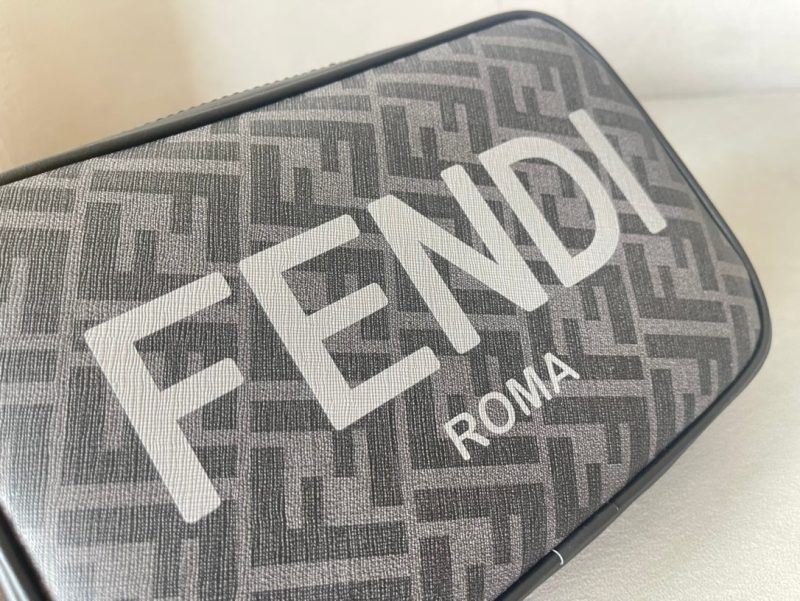 FendiI ROMA 22 CLUTCH BAG IN DARK GREY FF CALFSKIN SILVER HARDWARE WITH WHITE LOGO