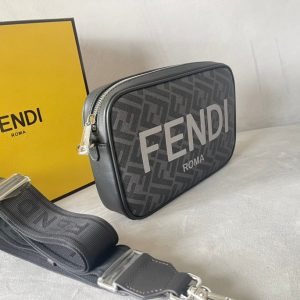 FendiI ROMA 22 CLUTCH BAG IN DARK GREY FF CALFSKIN SILVER HARDWARE WITH WHITE LOGO