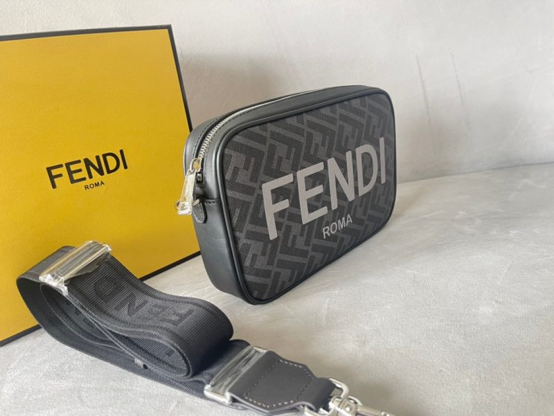 FendiI ROMA 22 CLUTCH BAG IN DARK GREY FF CALFSKIN SILVER HARDWARE WITH WHITE LOGO