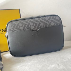 FendiI ROMA 22 CLUTCH BAG IN DARK GREY FF CALFSKIN SILVER HARDWARE WITH WHITE LOGO