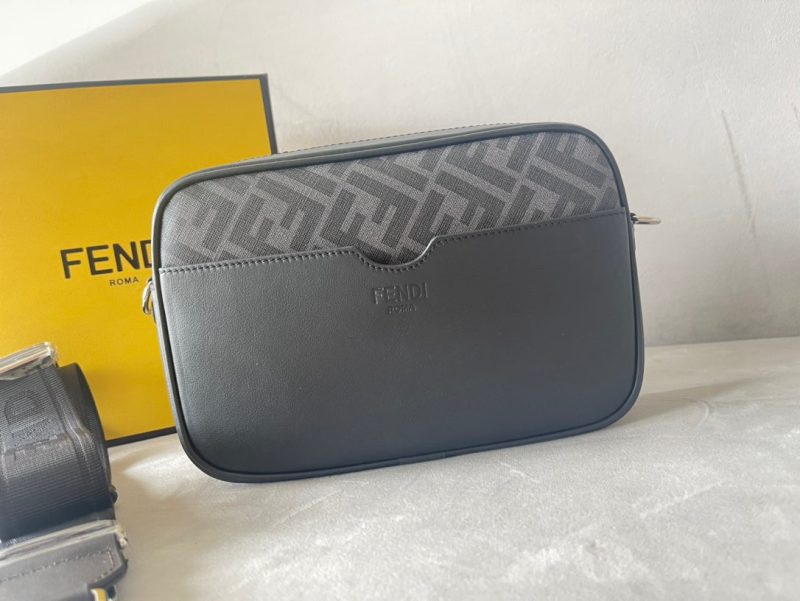 FendiI ROMA 22 CLUTCH BAG IN DARK GREY FF CALFSKIN SILVER HARDWARE WITH WHITE LOGO