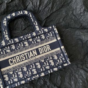 cd mini book tote 23cm blue beige embroidery canvas