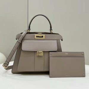 FendiI PEEKABOO 33 BAG IN KHAKI CALFSKIN WITH STRAP GOLD HARDWARE
