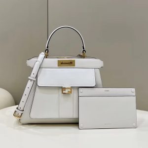 FendiI PEEKABOO 33 BAG IN WHITE CALFSKIN WITH STRAP GOLD HARDWARE