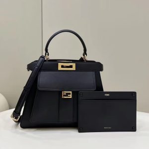 FendiI PEEKABOO 33 BAG IN BLACK CALFSKIN WITH STRAP GOLD HARDWARE