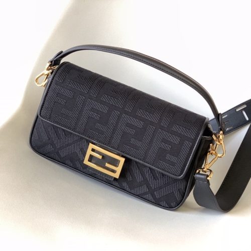 20221227_i1672127588_7915_0_jpg_3cda974b-928a-4ae7-acc4-cc34d2bb4bee Fendi Baguette Black Canvas Bag 27 with FF Embroidery Ghw