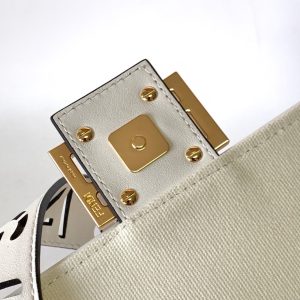 Fendi Baguette White Canvas Bag 27 with FF Embroidery Ghw