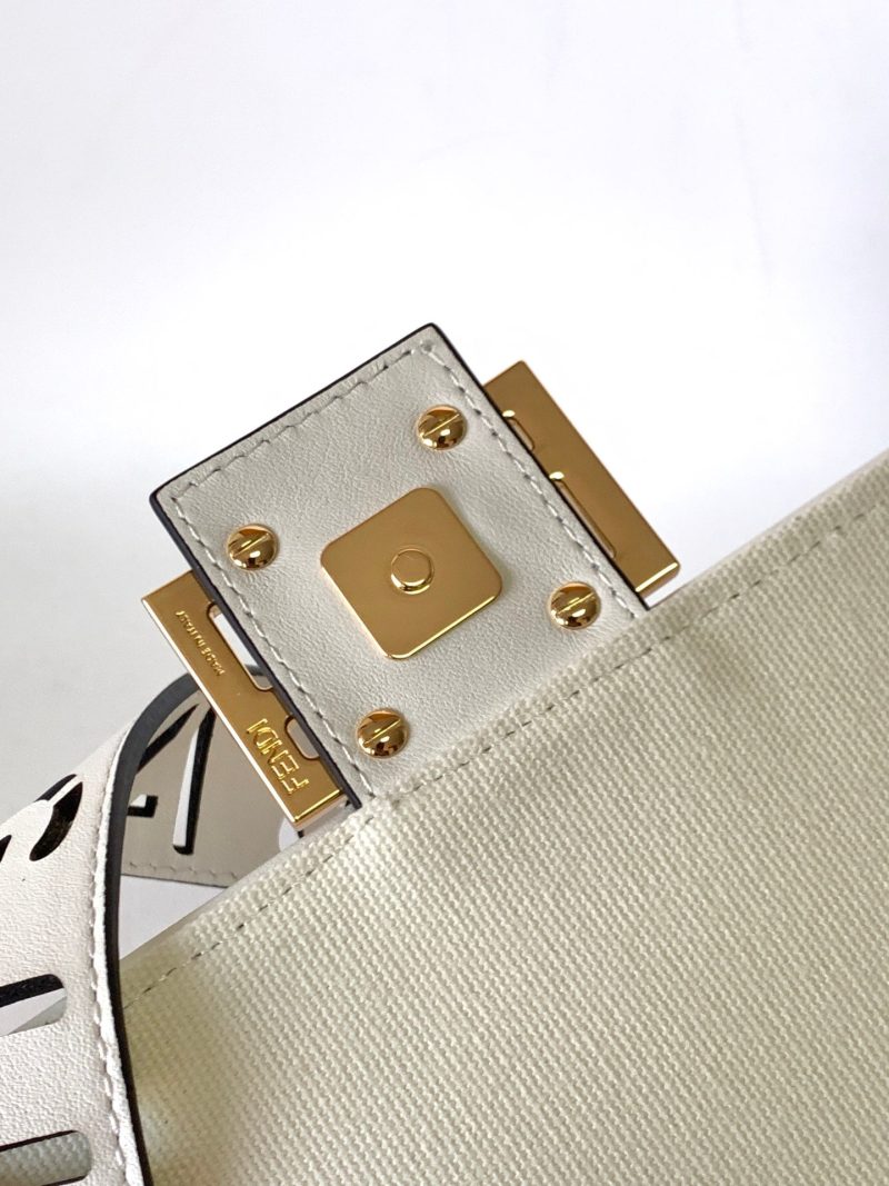 Fendi Baguette White Canvas Bag 27 with FF Embroidery Ghw