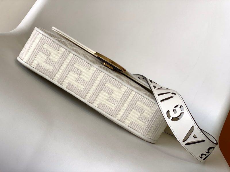 Fendi Baguette White Canvas Bag 27 with FF Embroidery Ghw