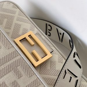 Fendi Baguette White Canvas Bag 27 with FF Embroidery Ghw
