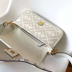 Fendi Baguette White Canvas Bag 27 with FF Embroidery Ghw