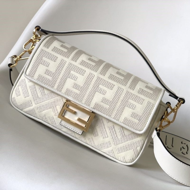 Fendi Baguette White Canvas Bag 27 with FF Embroidery Ghw