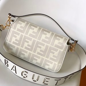 Fendi Baguette White Canvas Bag 27 with FF Embroidery Ghw