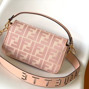 Fendi Baguette Pink Canvas Bag 27 with FF Embroidery Ghw