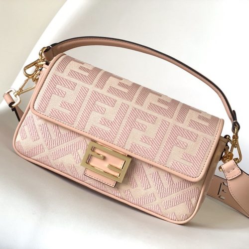Fendi Baguette Pink Canvas Bag 27 with FF Embroidery Ghw