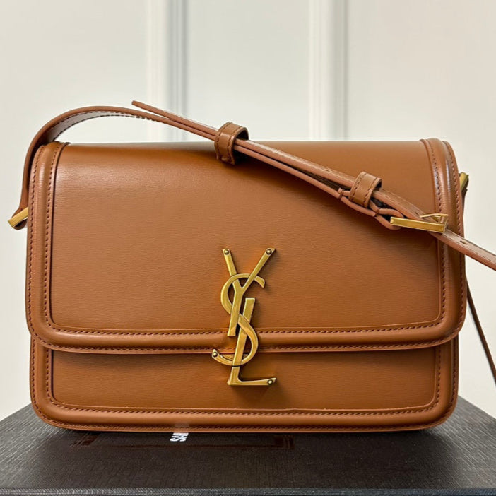 YSL Solferino Small Satchel Bag Brown Gold Calfskin 339437