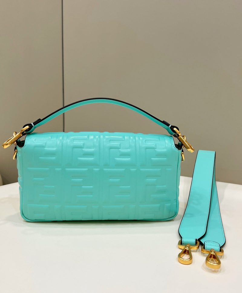BAGUETTE WITH FF MOTIF 27 IN TURQUOISE SOFT LAMBSKIN GOLD HARDWARE