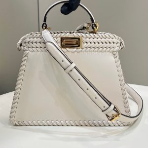 PEEKABOO ISEEU 27 IN WHITE SMOOTH CALFSKIN WITH WOVEN TRIM GOLD HARDWARE