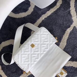 Fendi Baguette 27 Bag With FF Motif White Leather Ghw