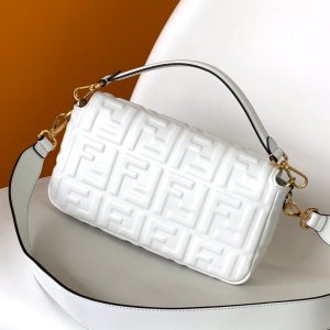 Fendi Baguette 27 Bag With FF Motif White Leather Ghw